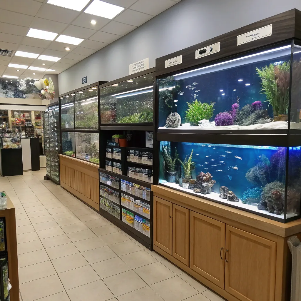 Elegant showroom displaying various aquariums and accessories